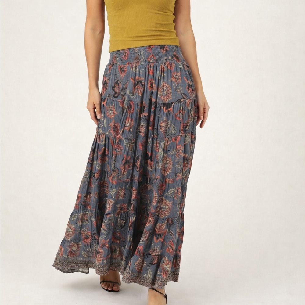 Boho Floral Tiered Maxi Skirt - Blue Floral